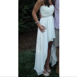 White High Low Prom Dress with Sequin Waist